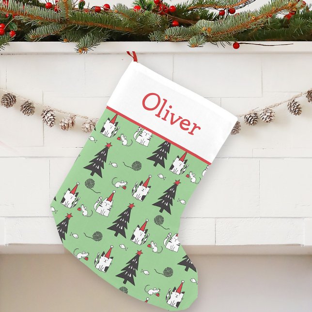 Funny Cats Green und White Kleiner Weihnachtsstrumpf (Von Creator hochgeladen)