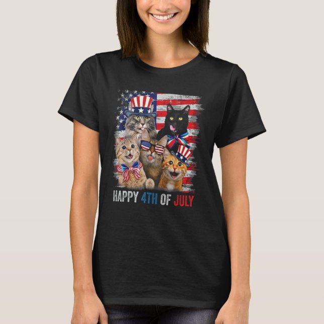 Funny Cats Happy 4th Of July American US Flag 4th  T-Shirt (Vorderseite)