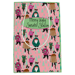 Funny Cats in Ugly Christmas Sweaters pink Mittlere Geschenktüte