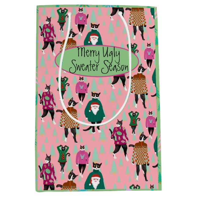 Funny Cats in Ugly Christmas Sweaters pink Mittlere Geschenktüte (Vorderseite)