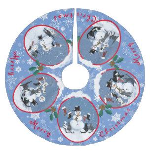 Funny Cats Meet Snowman Narrative Custom Polyester Weihnachtsbaumdecke