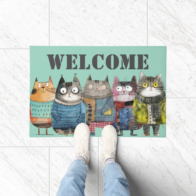 Funny Cats mit Bekleidung Willkommen Fußmatte (Indoor)
