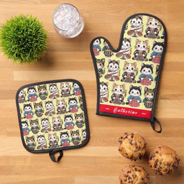 Funny Cats National Costume (Personalisiert) Ofenhandschuh & Topflappen-Set (Oben Unten)