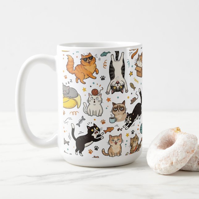 Funny Cats Pattern Mug For Cat Lovers (Avec donut)