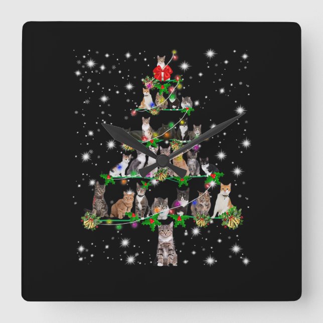 Funny Cats Weihnachtsbaum T-Shirt Dekoration Gesch Quadratische Wanduhr (Vorderseite)