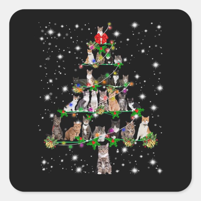 Funny Cats Weihnachtsbaum T-Shirt Dekoration Gesch Quadratischer Aufkleber (Vorderseite)