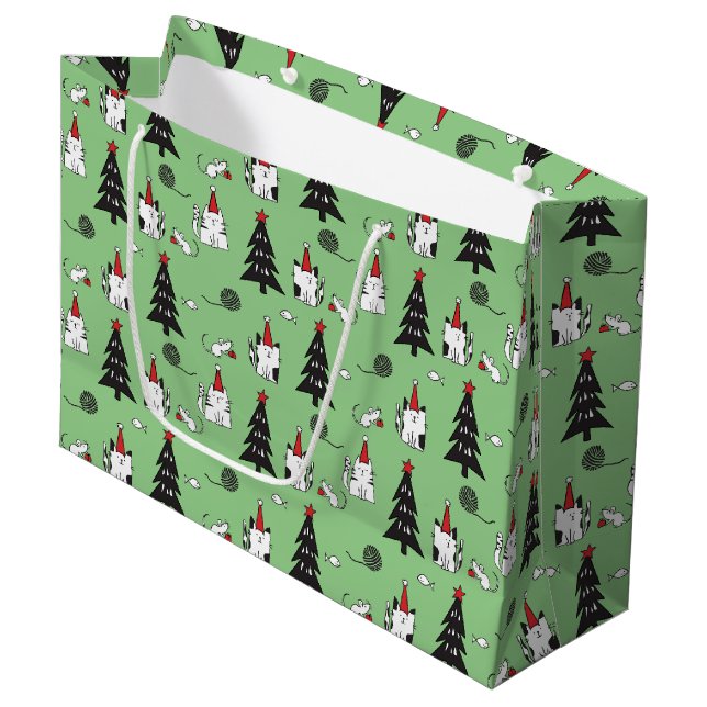 Funny Cats Weihnachtsmuster grün Große Geschenktüte (Vorderseite Schrägansicht)
