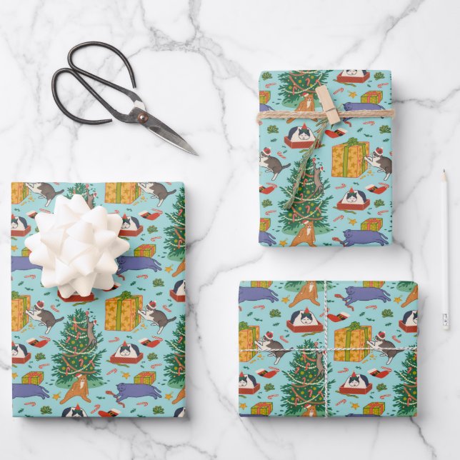 Funny Cats Weihnachtswrapping Paper - Blau Geschenkpapier Set (Vorderseite)