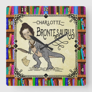 Funny Charlotte Bronte Saurus Dinosaur Buchleser Quadratische Wanduhr