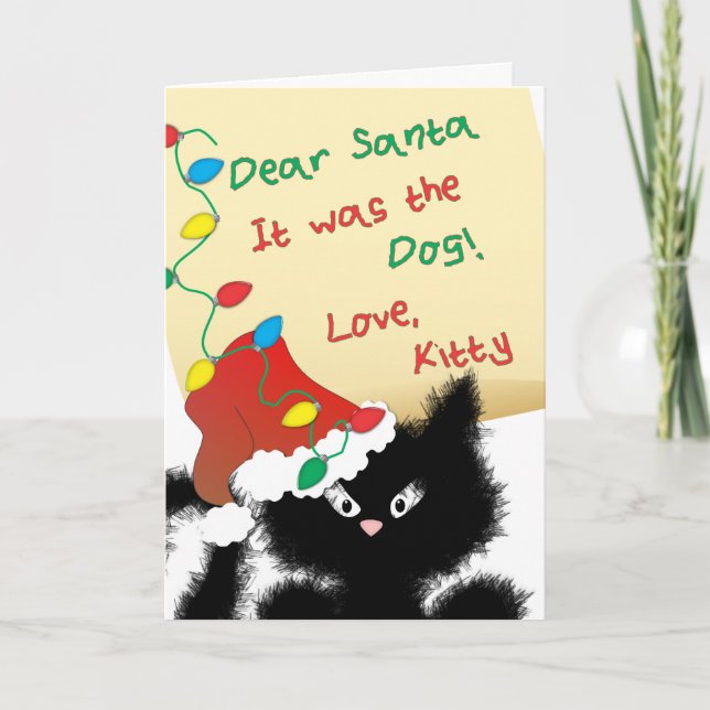 Funny Chat noir "Cher Père Noël" Carte de Noël (Devant)