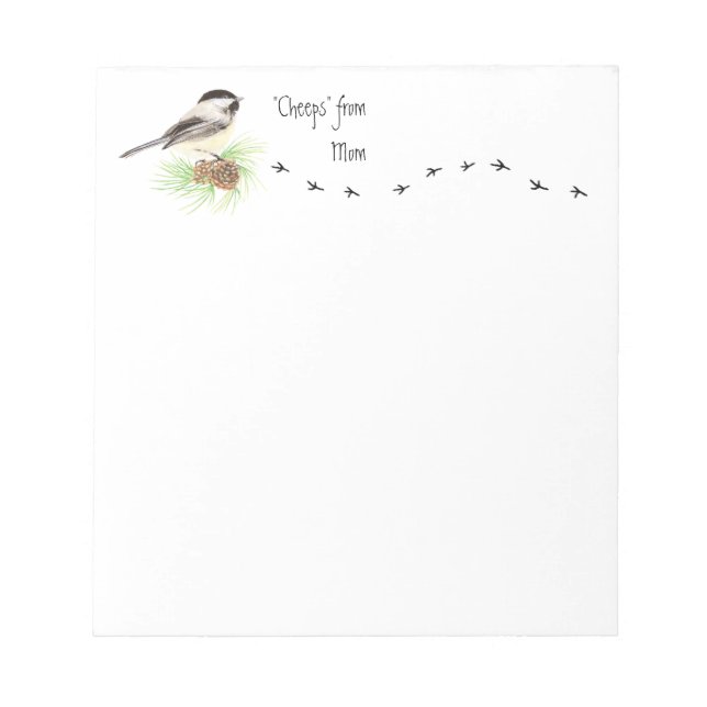 Funny "Cheeps from Mama" Chickadee, Vogelspuren Notizblock (Vorderseite)