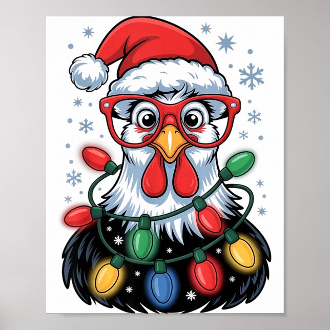 Funny Chicken Christmas Tree Lights Santa Hat Xmas Poster (Vorne)