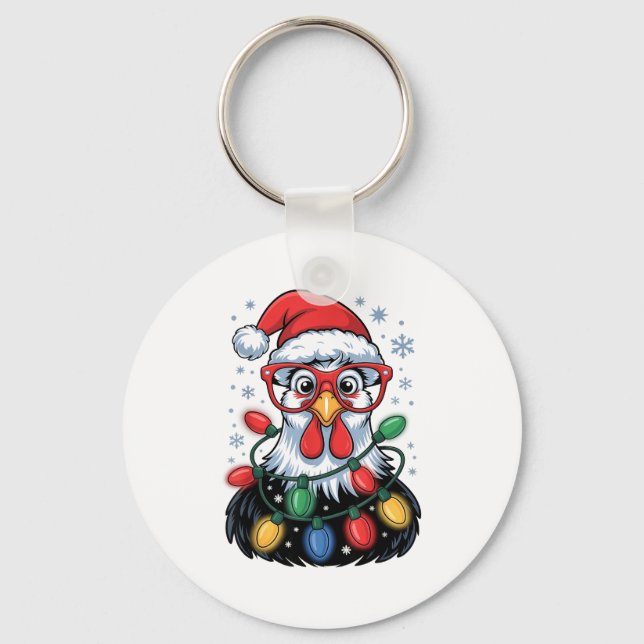 Funny Chicken Christmas Tree Lights Santa Hat Xmas Schlüsselanhänger (Vorderseite)
