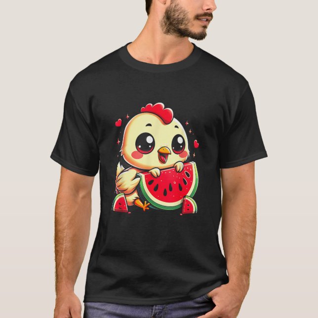 Funny Chicken Eating Watermelon Farmino T-Shirt (Vorderseite)