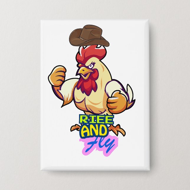 Funny Chicken Rise and Fly” T-Shirt Button (Vorderseite)