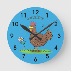 Funny chicken rustic whimsical cartoon runde wanduhr