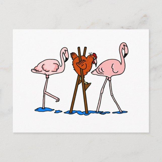 Funny Chicken und Flamingos Postkarte (Vorderseite)