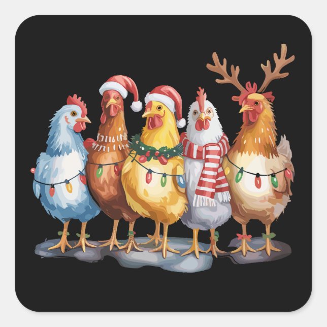Funny Chicken WeihnachtsLICHT Farm Animal Xmas Quadratischer Aufkleber (Vorderseite)
