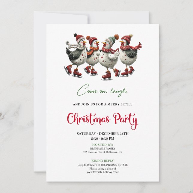 Funny Chickens Festive Red Green Holiday Invites Einladung (Vorderseite)