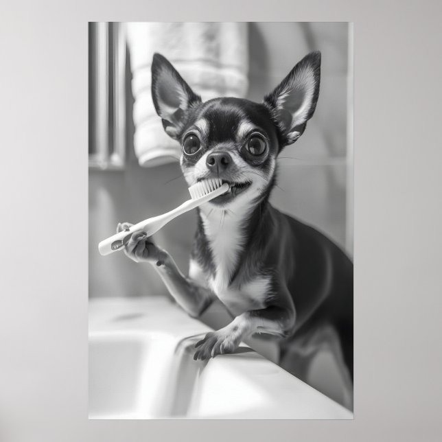 Funny Chihuahua Bathroom Art Print, Brushing Teeth Poster (Vorne)