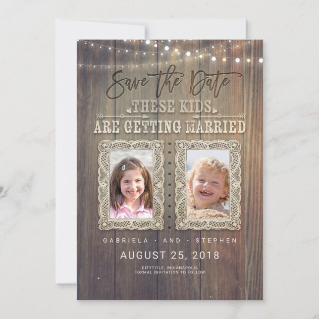 Funny Chilhood Fotos | Rustikales Holz Save the Da Save The Date (Vorderseite)