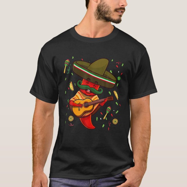 Funny Chili Mariachi Hot Pepper Sombrero Cinco De T-Shirt (Vorderseite)