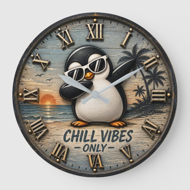 Funny Chill Vibes Only Penguin Große Wanduhr (Vorderseite)