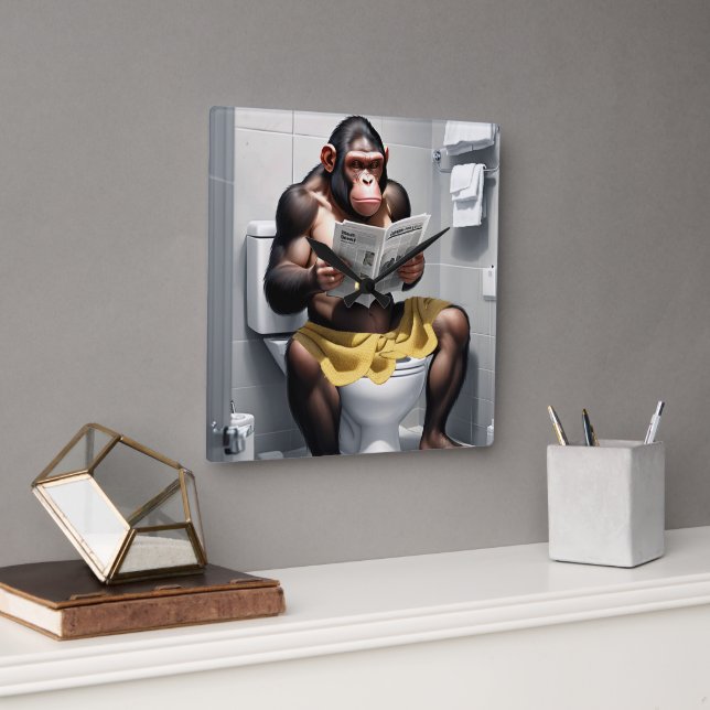 Funny Chimp auf einer Toilettenuhr, Quadratische Wanduhr (Büro)