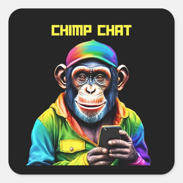 Funny-Chimp Chat-Schimpanse mit Telefon- Quadratischer Aufkleber (Vorderseite)