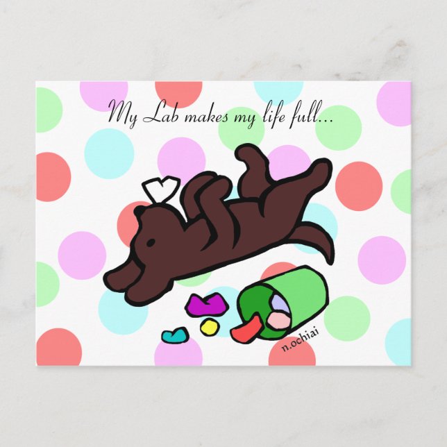 Funny Chocolate Labrador Cartoon Polka Dot Postkarte (Vorderseite)