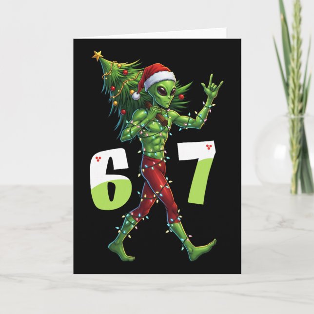 Funny Christmas Alien Six Seven Meme 67 Santa Hat  Karte (Vorderseite)