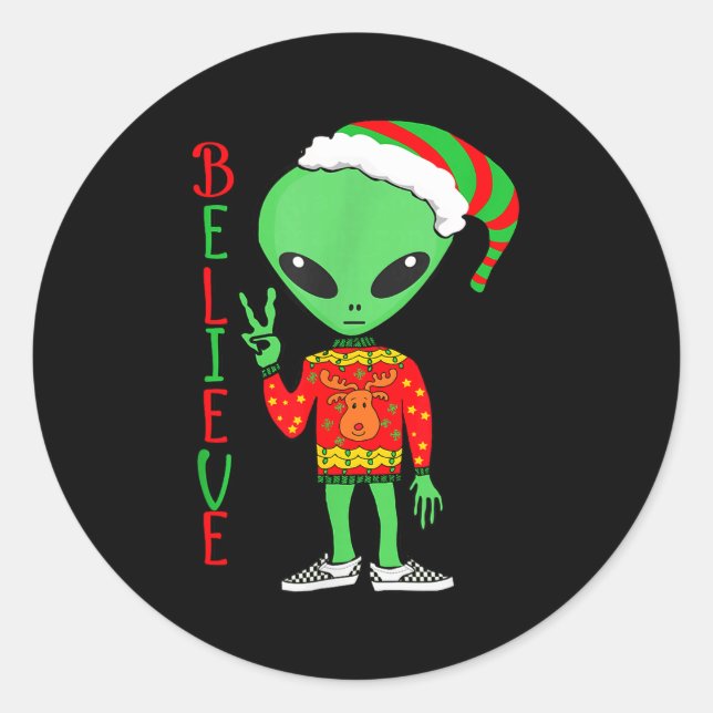 Funny Christmas Alien Ugly Sweater I Believe Santa Runder Aufkleber (Vorderseite)