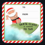 Funny Christmas Beach Geschenke Tags Quadratischer Aufkleber<br><div class="desc">Kreative Weihnachtsgeschenke-Tagkleber mit Santa Surfer Surfen. Text bearbeiten,  um Namen hinzuzufügen.</div>