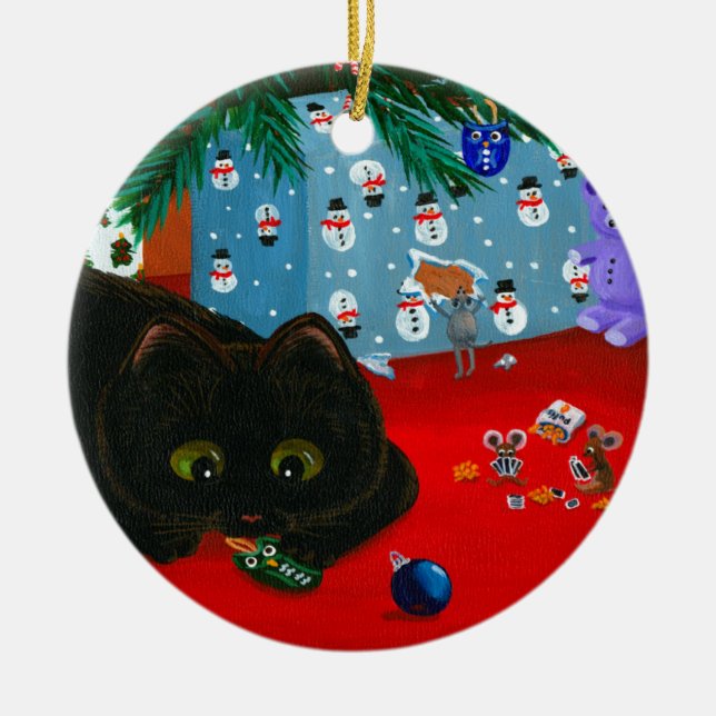 Funny Christmas Black Cat Art Creationarts Keramik Ornament (Vorne)