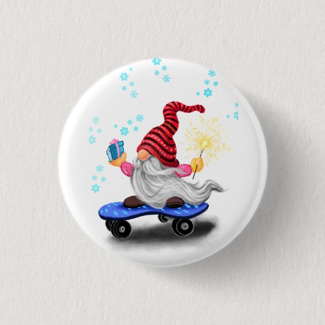 Funny Christmas Button Skater Gnome mit Geschenken (Vorderseite)