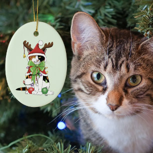 Funny Christmas Calico Cat Keramik Ornament