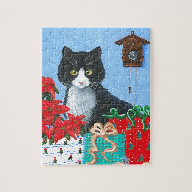 Funny Christmas Cat Black Tuxedo Cuckoo Uhr (Vertikal)