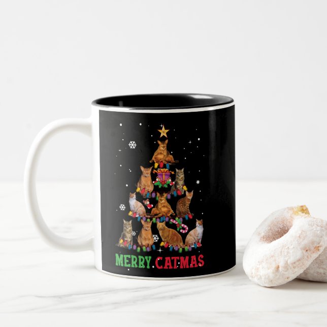Funny Christmas Cat Meowy Catmas Xmas Tree Zweifarbige Tasse (Mit Donut)