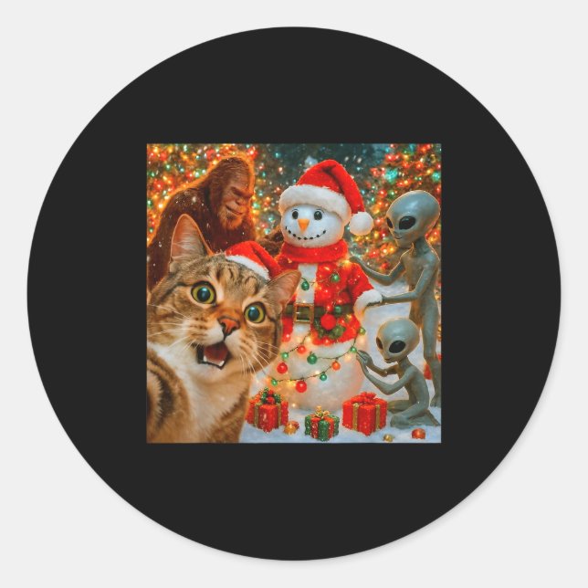 Funny Christmas Cat Selfie With Bigfoot Alien &amp Runder Aufkleber (Vorderseite)