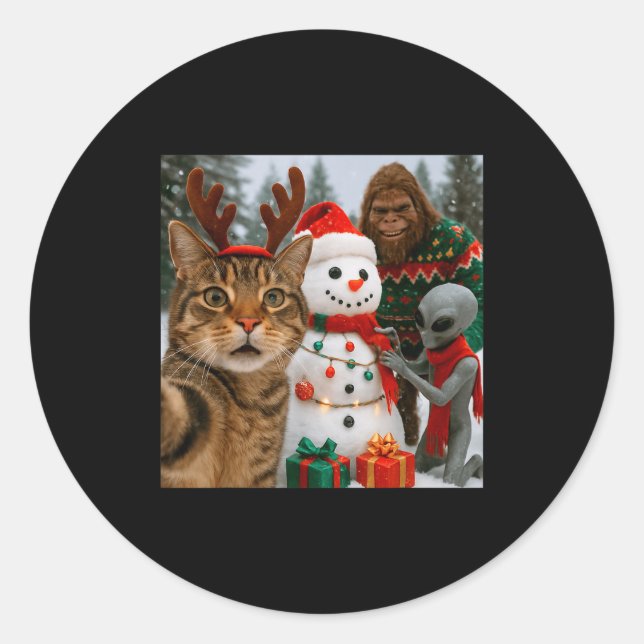 Funny Christmas Cat Selfie With Bigfoot Alien &amp Runder Aufkleber (Vorderseite)