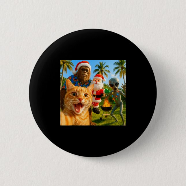 Funny Christmas Cat Selfie With Bigfoot &amp; Alie Button (Vorderseite)