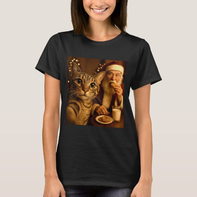 Funny Christmas Cat Selfie With Santa Claus Meme M T-Shirt (Vorderseite)