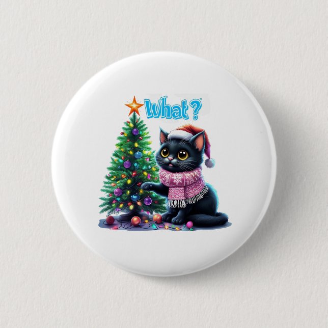 Funny Christmas Cat Was mit Baumsticker Button (Vorderseite)