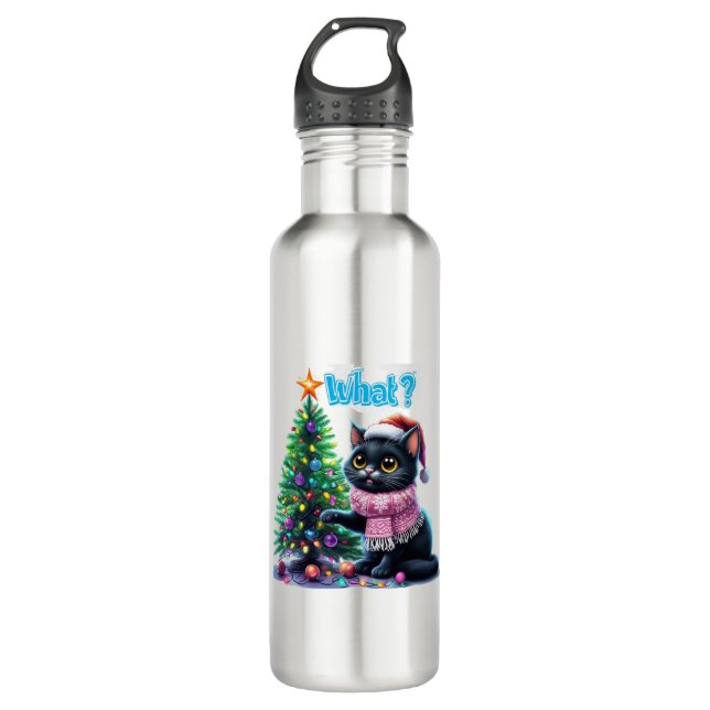 Funny Christmas Cat Was mit Baumsticker Edelstahlflasche (Vorderseite)