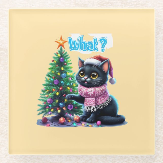 Funny Christmas Cat Was mit Baumsticker Glasuntersetzer (Vorderseite)