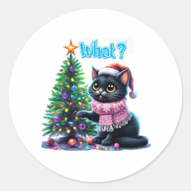 Funny Christmas Cat Was mit Baumsticker Runder Aufkleber (Vorderseite)