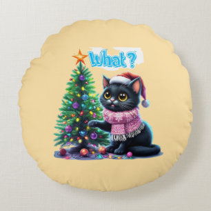 Funny Christmas Cat Was mit Baumsticker Rundes Kissen