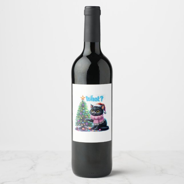Funny Christmas Cat Was mit Baumsticker Weinetikett (Vorderseite)
