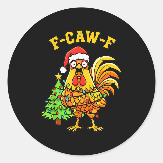 Funny Christmas Chicken Lights Santa Hat F-caw-f  Runder Aufkleber (Vorderseite)