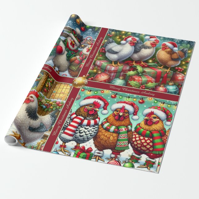 Funny Christmas Chickens Wrapping Paper with Text Geschenkpapier (Ungerollt)